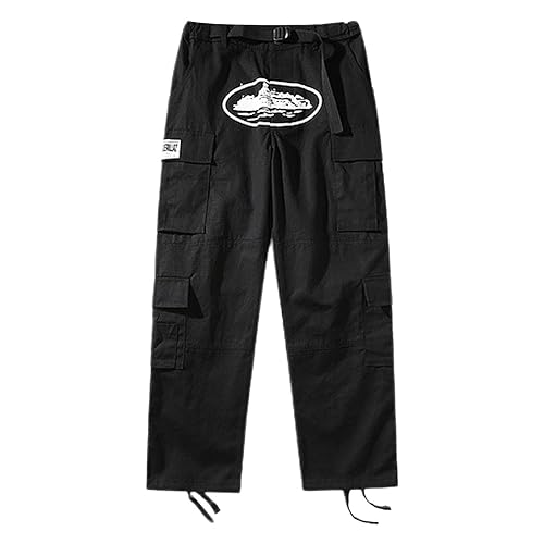 Minus Two Cargo Y2K Herren Gerade Hose Street Pocket Hohe Taille Gedruckt Hip Hop Jogginghose mit Weitem Bein Harajuku Denim Alcatraz Aufdruck Entspannte Passform Kordelzug Loose Men Straight Trousers von Chejarity