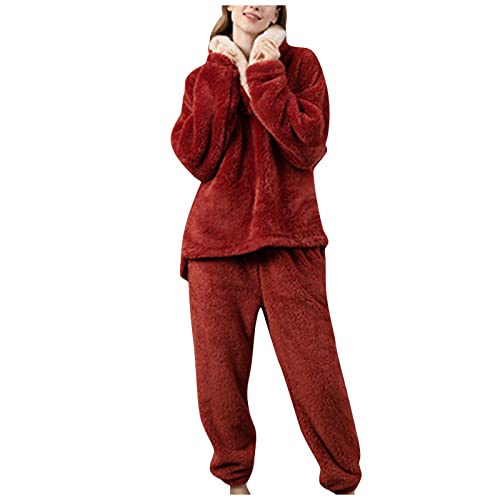 Schlafanzug Damen Lang Schlafanzughose Plüsch Pyjama Für Damen Langarm 2 Teiler Nachthemden Weiche Fleece Homewear NachtwäSche Pj Set Zweiteiliger Nachtwäsche Hausanzug Schlafanzug von Chejarity