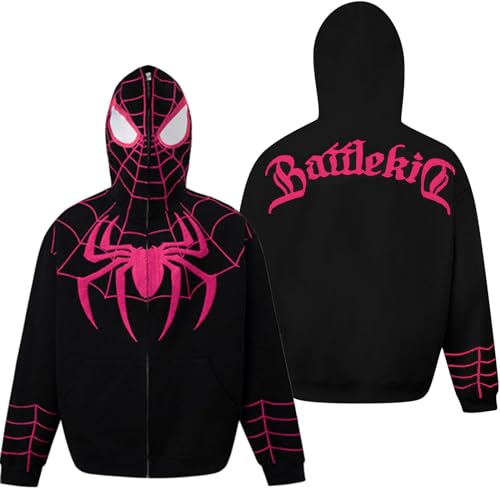 Y2k Zip Up Hoodie Spider Grunge Vintage Sweatshirt Damen Herren Kapuzenpullover Gothic Kapuzenjacke Halloween Hunny 90er Jahre Crop Top mit Backprint Streetwear für Paare Herbst Langarm Kapuzenpulli von Chejarity