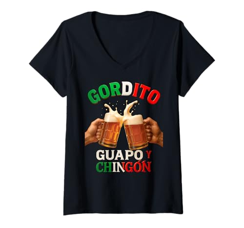 Damen Gordito Guapo y Chingon Mexikanisches Lustiges Bier Fiesta Cerveza T-Shirt mit V-Ausschnitt Damen Gordito Guapo y Chingon Mexikanisches Lustiges Bier Fiesta Cerveza T-Shirt mit V-Ausschnitt von Chelita Latino Apparel