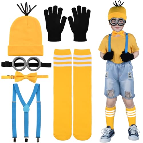 Cheloveer 6 STK Gelbe Kostüm Kinder set für cosplay,1Mütze 1Brille 1Schwarze Handschuhe 1Paar Gestreifte Socken 1 Hosenträger 1Gelbe Fliege，Karneval Halloween Partykostümzubehör von Cheloveer