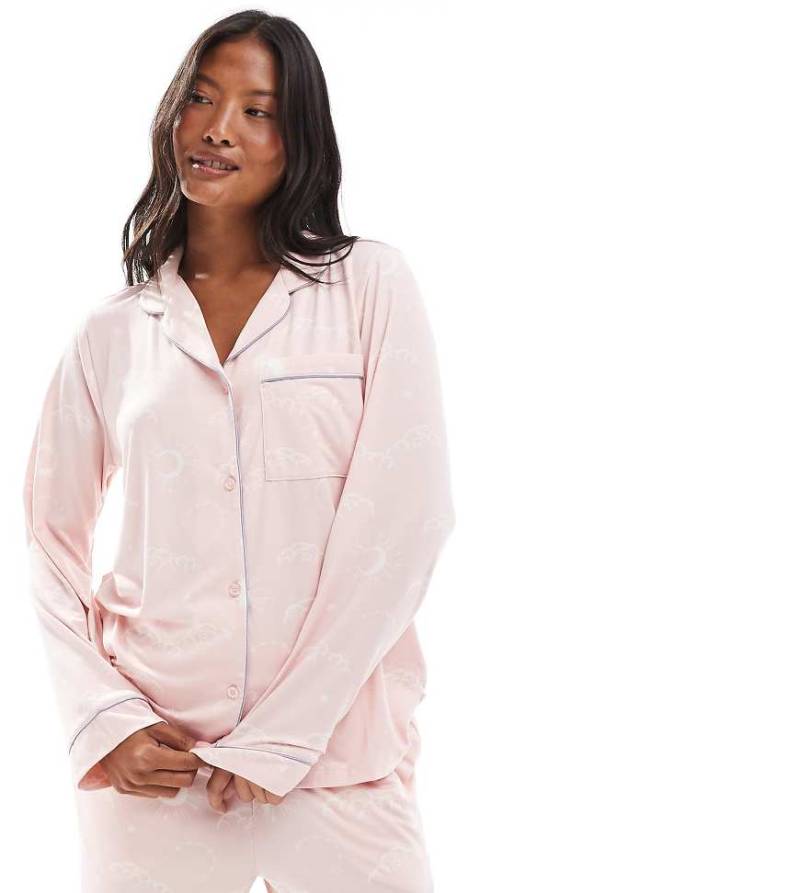 Chelsea Peers Petite - Langärmliges Pyjama-Set aus Polyester in Rosa mit Reverskragen und Nachthimmel-Print von Chelsea Peers Petite