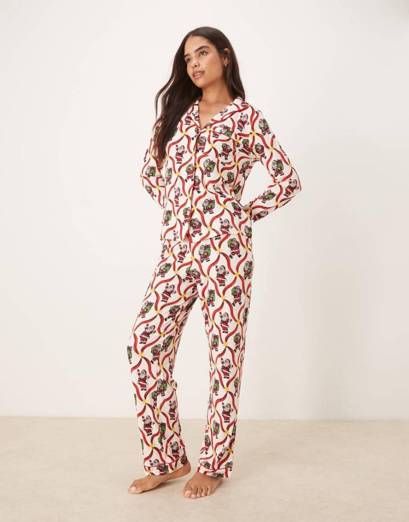 Chelsea Peers - Exklusives, langärmliges Pyjama-Set aus Polyester mit Weihnachtsmann- und Zuckerstangen-Print-Weiß von Chelsea Peers