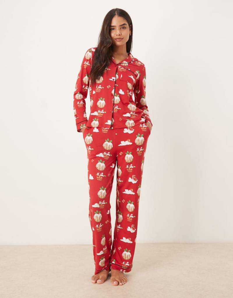 Chelsea Peers - Langärmliges Pyjama-Set aus Polyester mit Reverskragen und Christmas-Pudding-Ballon-Print-Rot von Chelsea Peers