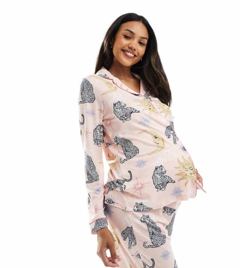 Chelsea Peers Maternity - Polyester-Pyjama mit Himmelskörper- und Tigerprint, bestehend aus langärmligem Oberteil mit Reverskragen und Hose, Umstandsmode-Rosa von Chelsea Peers