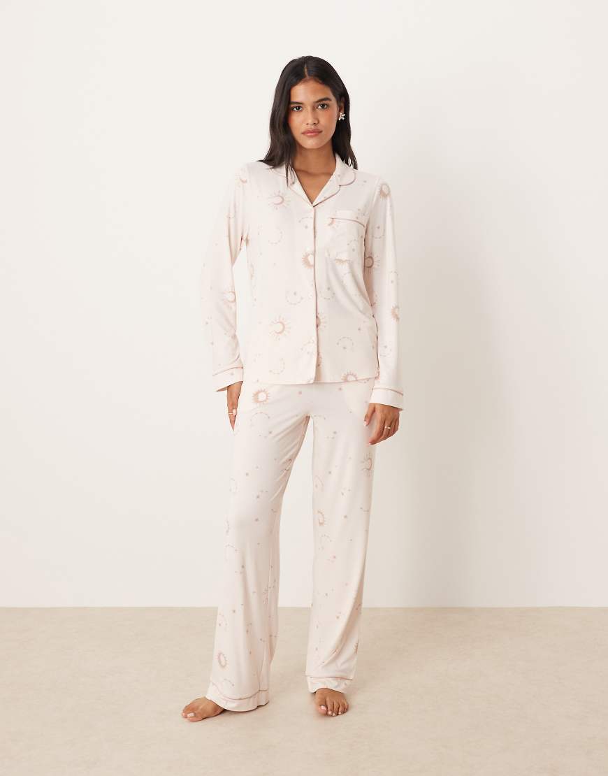 Chelsea Peers - Polyester-Pyjama aus langärmligem Oberteil mit Reverskragen und Hose mit farblich abgestimmtem Sternenmuster-Neutral von Chelsea Peers