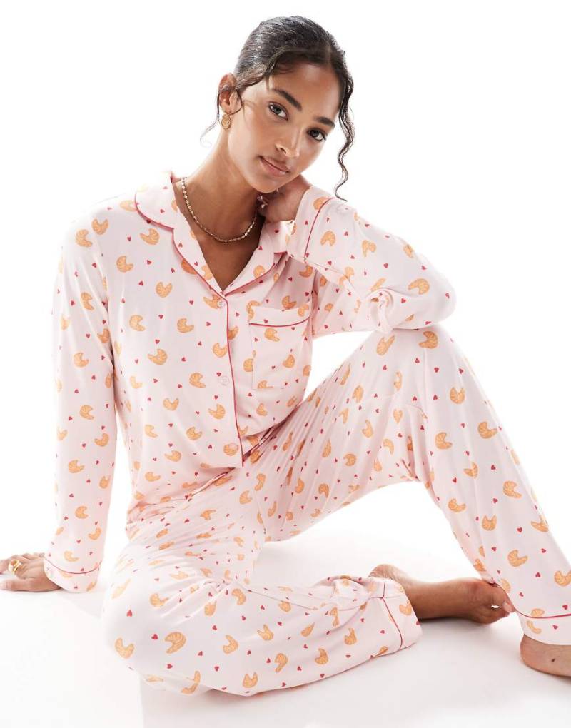 Chelsea Peers - Pyjama aus Polyester mit Croissant-Muster bestehend aus langärmligem Oberteil mit Reverskragen und Hose-Rosa von Chelsea Peers