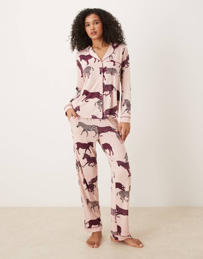 Chelsea Peers - Pyjama aus Polyester mit Zebramuster aus langärmligem Oberteil mit Reverskragen und Hose-Rosa von Chelsea Peers