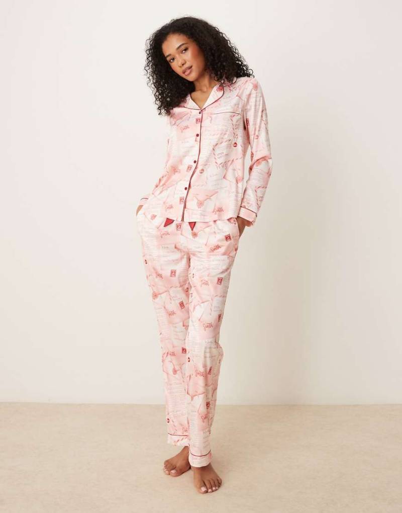 Chelsea Peers - Pyjama aus Satin mit Muster mit Briefen an den Weihnachtsmann, mit langärmligem Oberteil mit Reverskragen-Rosa von Chelsea Peers