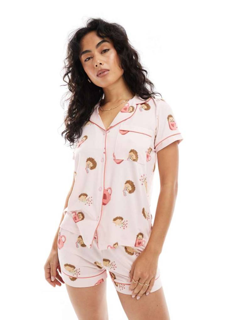 Chelsea Peers - Pyjama mit Igel-Print, bestehend aus kurzärmligem Oberteil mit Reverskragen und Shorts-Rosa von Chelsea Peers