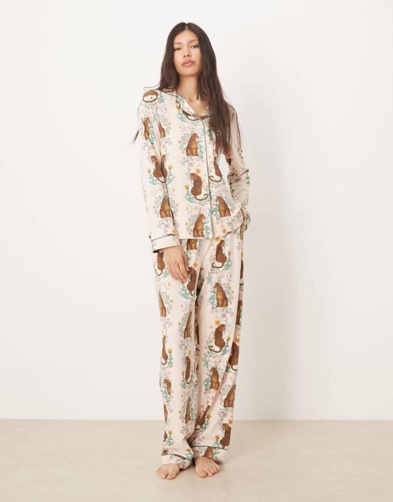 Chelsea Peers - Pyjama mit Tiger-Pflanzenprint aus langärmligem Oberteil mit Reverskragen und Hose-Weiß von Chelsea Peers
