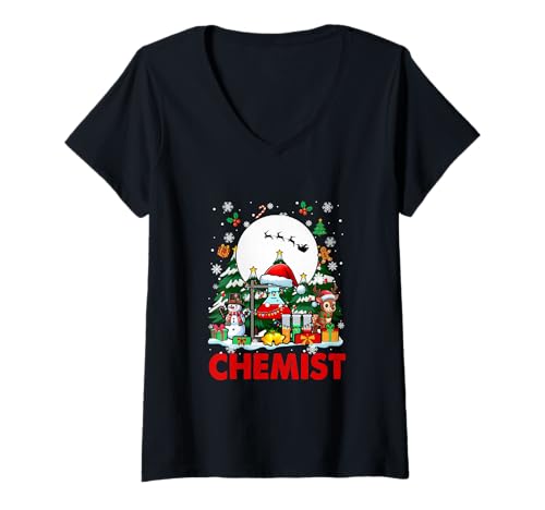 Damen Chemiker Job Tools Weihnachtsmann Schneemänner Rentier Weihnachtsbäume T-Shirt mit V-Ausschnitt Damen Chemiker Job Tools Weihnachtsmann Schneemänner Rentier Weihnachtsbäume T-Shirt mit V-Ausschnitt von Chemistry Christmas Costume