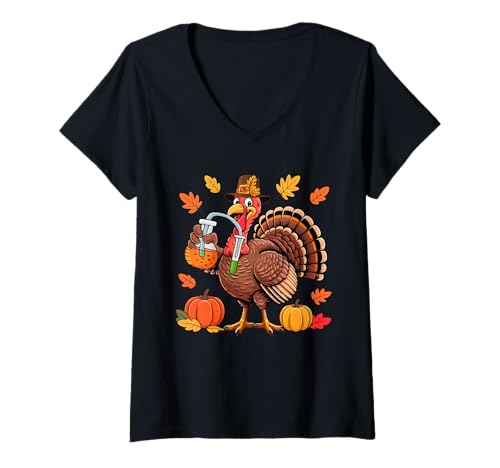 Damen Chemiker Job Thanksgiving Truthahn Herbst Blätter Kürbisse T-Shirt mit V-Ausschnitt von Chemistry Thanksgiving Costume