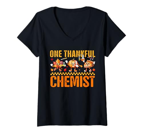 Damen One Thankful Chemist Thanksgiving Herbstblätter Kürbiskuchen T-Shirt mit V-Ausschnitt von Chemistry Thanksgiving Costume