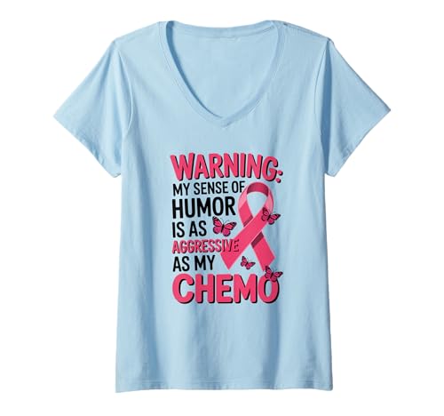 Damen Sarkastischer Brustkrebsbekämpfer Pink Ribbon Chemo Humor T-Shirt mit V-Ausschnitt von Chemo Chic Sarcastic Breast Cancer Warrior Vibes