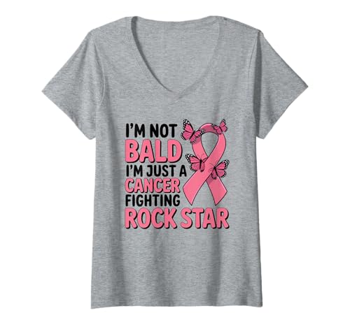 Damen Brustkrebsbekämpfer Pink Ribbon Rockstar Glatzenkopf T-Shirt mit V-Ausschnitt Damen Brustkrebsbekämpfer Pink Ribbon Rockstar Glatzenkopf T-Shirt mit V-Ausschnitt von Chemo Chic Sarcastic Breast Cancer Warrior