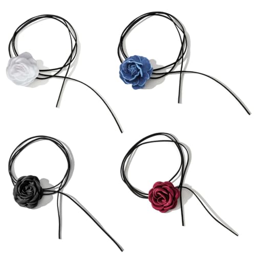 Chencunquangod 4 Stück Vintage-Blumen-Halskette, elegante Stoffrosen-Choker, Boho-Blumenkette, für Frauen und Mädchen, Party von Chencunquangod