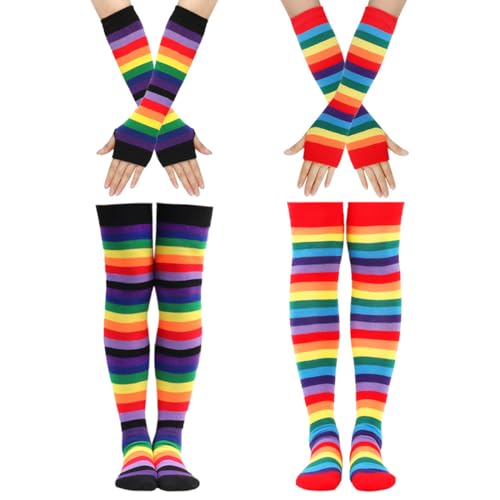2 Paar Regenbogen Kniestrümpfe und Armstulpen Set, Bunte Oberschenkel Hohe Socken Bein Strumpf, Streifen Arm Wärmer Socken Fingerlose Handschuhe Hülsen für Frauen Mädchen Party (schwarz+rot, one size) von Chenflying