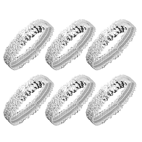 Pailletten-Stirnband, elastisches Glitzer-Haarband, rutschfest, glänzender Stil, Accessoires für Mädchen und Frauen, silberfarben, 6 Stück von ChengChengJin
