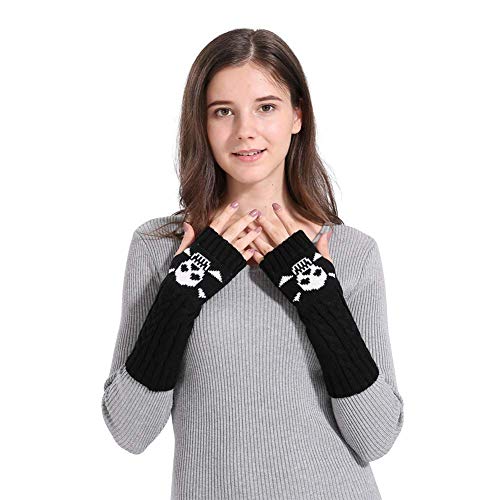 Damen Zopfmuster fingerlose Armstulpen Totenkopf Daumenloch Handschuhe Fäustlinge Schwarz, schwarz, Einheitsgröße von Chengfengup