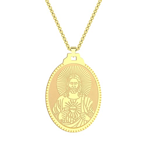 Christus Retter Jesus Anhänger Halskette Männer Frauen Jesus Sacred Heart Charm Religiöse Medaillon Halskette Edelstahl Christlicher Schmuck Geschenk für Ihn (210G) von Chengxun