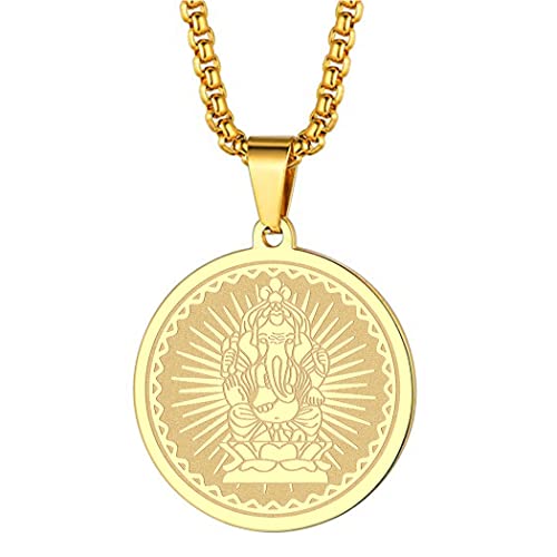 Chengxun Herren 316L Edelstahl Indische Mythologie Hindu Gott Lord Ganesha Halskette für Männer Frauen Schutz Wächter Medaillon Okkulter Schmuck Talisman Amulette Geschenke (18 Karat vergoldet) von Chengxun