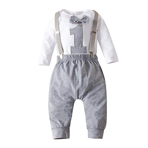 Chennie Baby Jungen 1. Geburtstag Outfits Fliege Strampelanzug Strumpfhose Gentleman Kleidung Set für Fotofotografie (Grau, 18-24 Monate) von Chennie