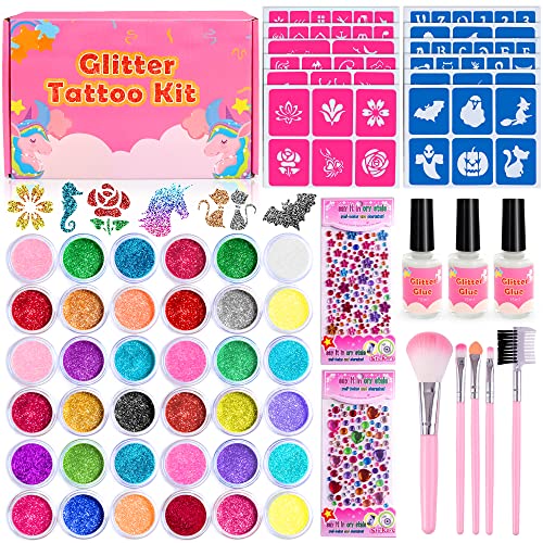 Chennyfun Glitter Tattoo Set, Temporary Glitter Tattoo Set for Children with 135 Stencils 36 Glitter Powder, Temporary Tattoos for Boys Girls Adults for Halloween, Christmas Gifts, Tattoo Parties von Chennyfun