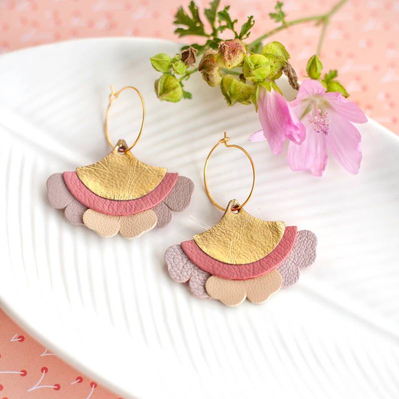 Halbkreisförmige Creolen Aus Rosa, Mauve Und Beigefarbenem Leder, 24-Karätig Vergoldetem Messing, Hypoallergen, Perfekt Als Herbst-, Weihnachts von ChenohaStudio