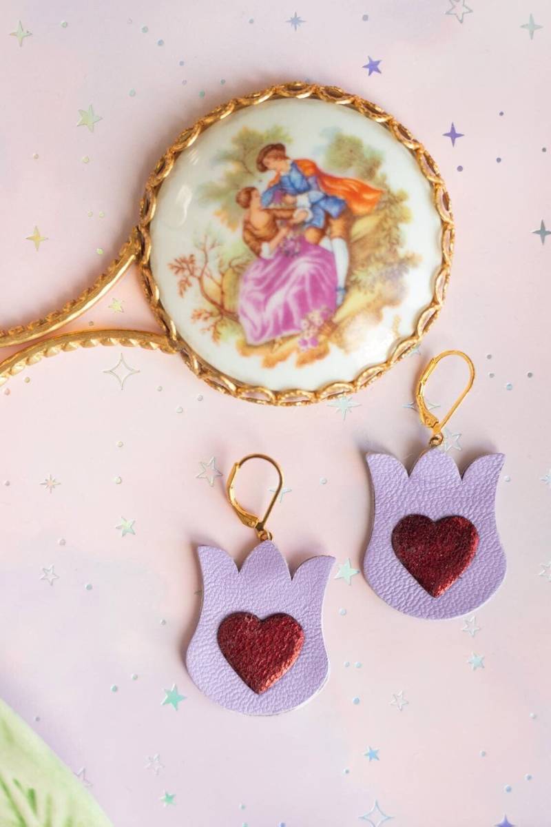 Herz Ohrringe, Blüte Ohrhänger, Lederohrringe, Ohrhänger Hochzeit Boho, Hängeohrringe, Leder Blatt Jugendstil Ohrstecker Fächer von ChenohaStudio