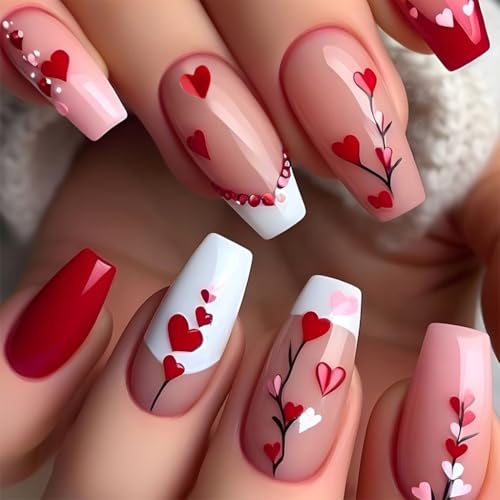 Chenxi Studio 24 Stück Valentinstag Press on Nails Lange Sarg French Tip Falsche Nägel mit Herz Designs Stick on Nails für Frauen Chenxi Studio 24 Stück Valentinstag Press on Nails Lange Sarg French Tip Falsche Nägel mit Herz Designs Stick on Nails für Frauen von Chenxi Studio