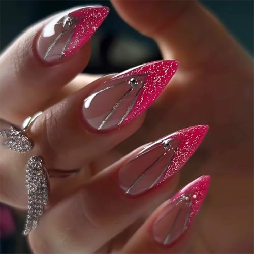 Chenxi Studio 24 Stück kurze Mandel-Nägel zum Aufdrücken, französische Spitze, glitzernde Acryl-Kunstnägel, volle Abdeckung, zum Aufkleben auf Nägel für Frauen von Chenxi Studio