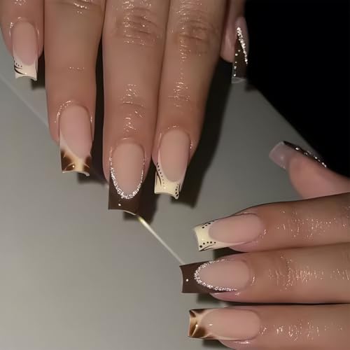 Chenxi Studio Künstliche Nägel zum Aufdrücken, quadratisch, glitzernde Streifen-Designs, französische Spitzen, glänzend, Maniküre für Damen, 24 Stück von Chenxi Studio