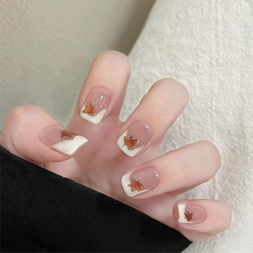 Chenxi Studio Square Press on Nails French Tip Fake Nails Glue on Nails Leaves Artificial Nails Acrylic Nails Stick on Nails Women von Chenxi Studio