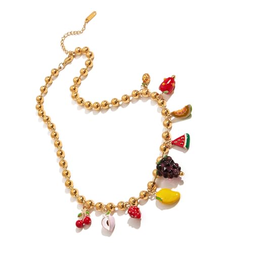 Stilvolle, mehrschichtige Obst-Charm-Kette mit Wassermelonen-Ananas-Kirschen-Designs für lässige Outfits, modische Obst-Anhänger-Halskette, Einheitsgröße, Wie beschrieben, Wie beschrieben von Chenxi Studio