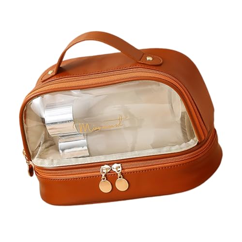 Transparente Make-up-Tasche, Reise-Kulturbeutel für Damen, PU-Leder, Reisekosmetik, tragbar, Make-up-Organizer, transparent, Kosmetik, doppellagig, Kulturbeutel, mokkabraun, Mass Beauty von Chenxi Studio
