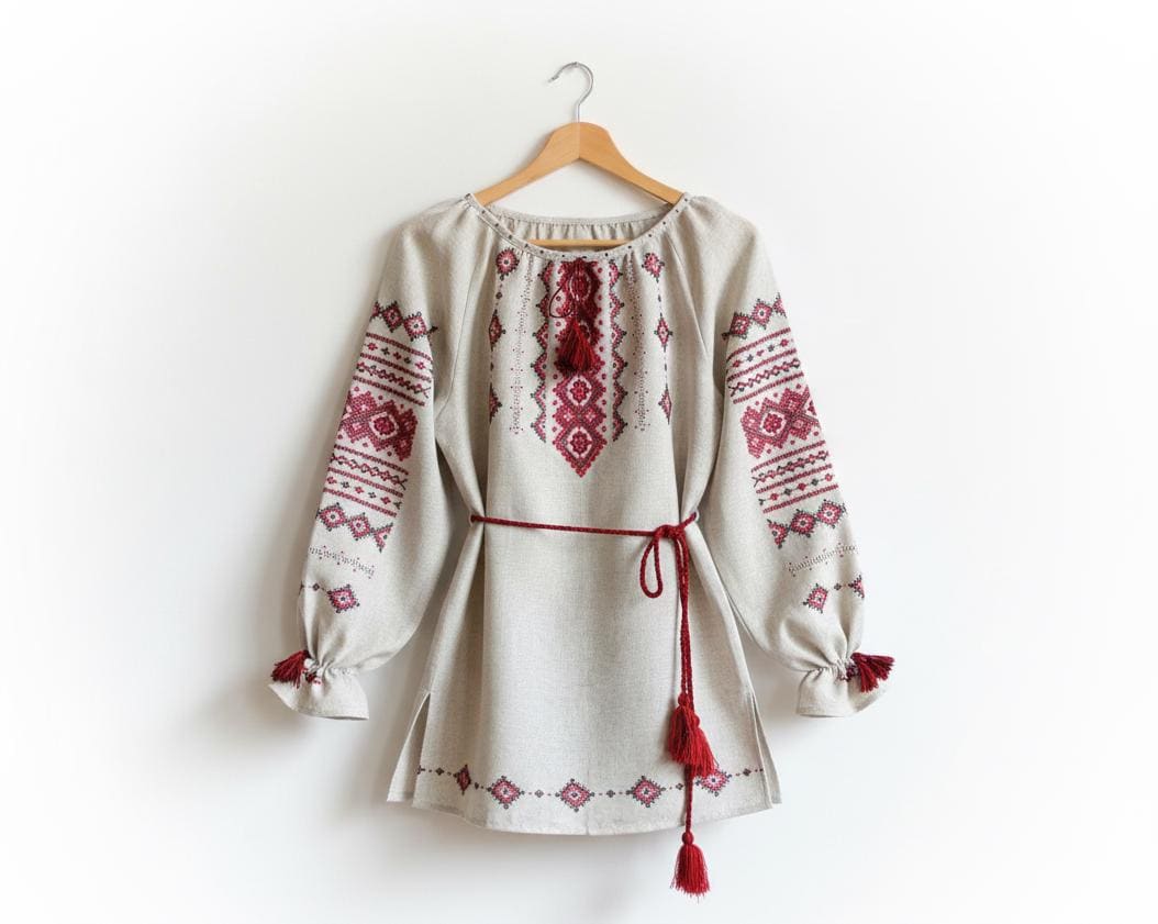 Handgefertigte Vyshyvanka-Bluse Aus Leinen-Baumwolle Für Damen - Traditionelle Rote Und Schwarze Volksstickerei Boho-Ethno-Top von Cheremshyna