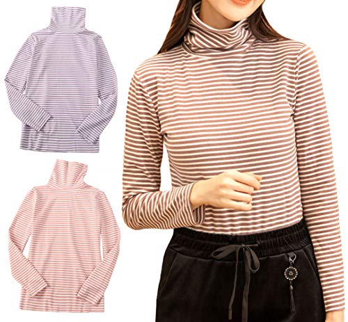 Cherish 2 Pack Gestreiftes Rollkragen-Top für Frauen, Übergröße, Langarm-Shirts, Pullover, Top, Winter, warm, Frauen Pullover, Violett/Pink, X-Large von Cherish