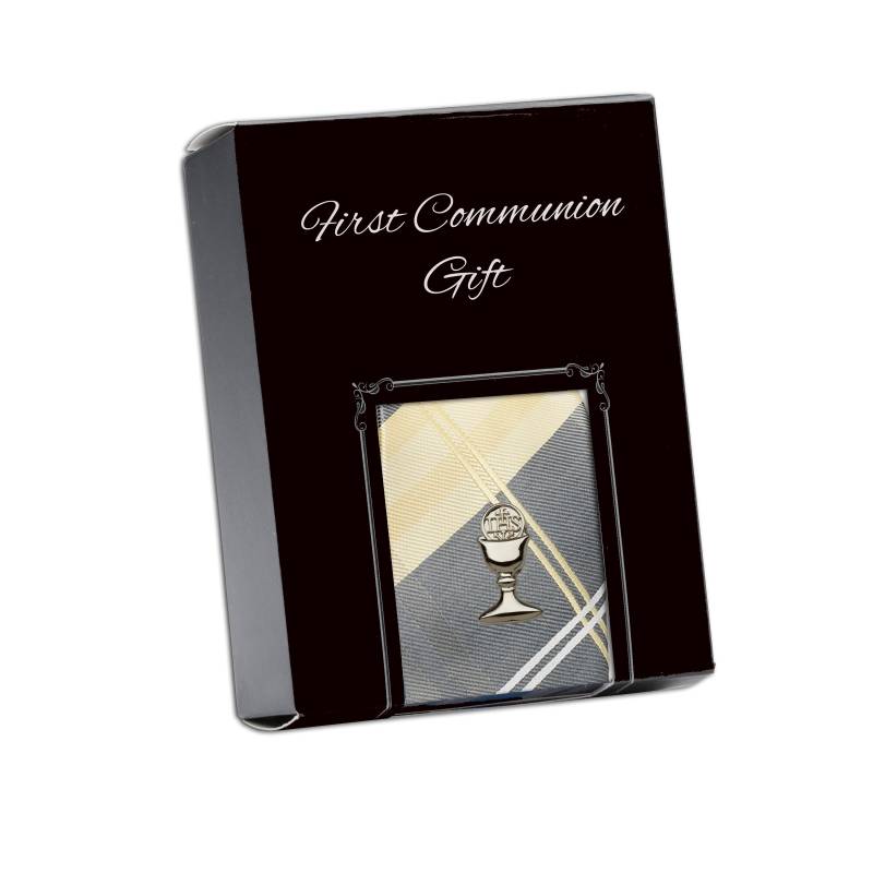 Jungen Erstkommunion Gelb Und Grau Karierte Krawatte Mit Silber Kelch Krawattennadel Geschenk Set Für Heilige Kommunion von CherishedMomentShop