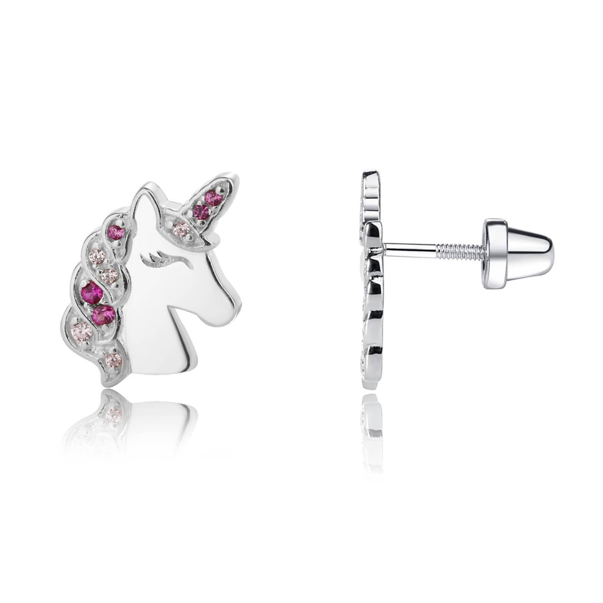Kleine Mädchen Sterling Silber Einhorn Ohrringe Mit Rosa Zirkonia Steinen, Brisuren, Nickelfrei, Für Kinder Und Kleinkinder von CherishedMomentShop