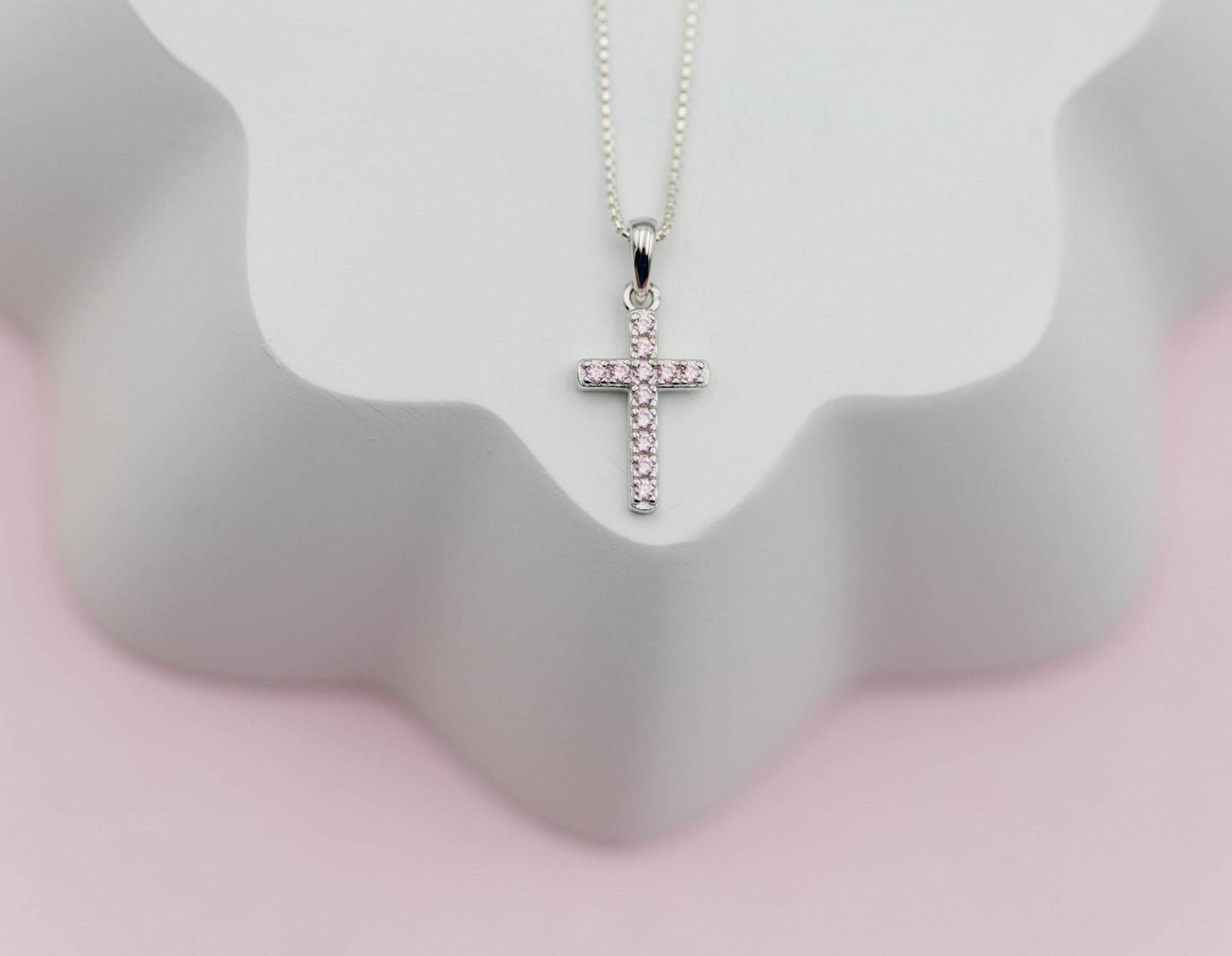 sterling Silber Kreuz Halskette Mit Rosa Czs, Mädchen Erstkommunion Geschenk, Konfirmation, Jugendliche Christliches Religiöses Heilige 1.kommunion von CherishedMomentShop