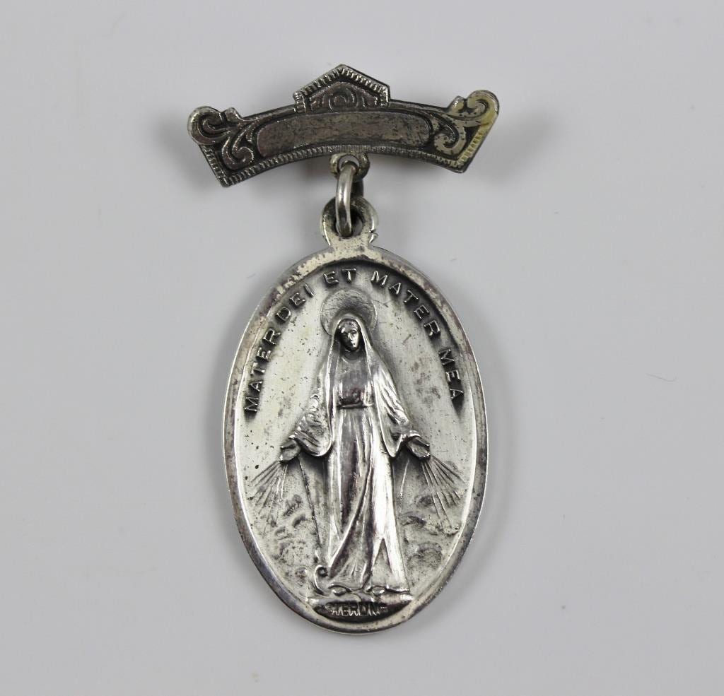 Jahrgang Jungfrau Maria Wundertätige Medaille Sterlingsilber Novae Rupellae New Rochelle College Brosche Schmuck von CherishedSaints