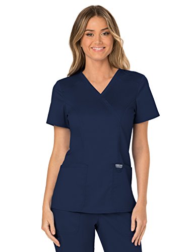 Mock Wrap Top Scrubs für Damen, Arbeitskleidung, Revolution, weicher Stretch, pflegeleicht WW610, Marineblau, Groß von Cherokee