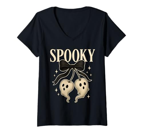 Damen Spooky Season Kokette Kirschen Geist Bogen Kirsche Halloween T-Shirt mit V-Ausschnitt von Cherries Ghost Coquette Bow Halloween Shirt