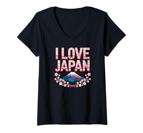 Damen Ich Liebe Japan Cherry Blossom Mount Fuji T-Shirt mit V-Ausschnitt von Cherry Blossom Sakura Mount Fuji Aesthetic