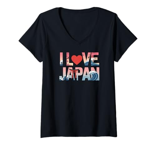 Damen I Love Japan Waves Kirschblütenkunst T-Shirt mit V-Ausschnitt Damen I Love Japan Waves Kirschblütenkunst T-Shirt mit V-Ausschnitt von Cherry Blossom Wave Torii Culture