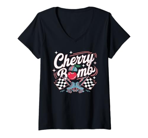 Damen Cherry Bomb TShirt Frauen Männer Kirschen Roller Derby T-Shirt mit V-Ausschnitt Damen Cherry Bomb TShirt Frauen Männer Kirschen Roller Derby T-Shirt mit V-Ausschnitt von Cherry Bomb TShirt Frauen Männer Kirschen