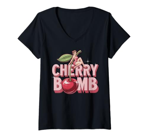 Damen Cherry Bomb TShirt Frauen Männer Kirschen Roller Derby T-Shirt mit V-Ausschnitt Damen Cherry Bomb TShirt Frauen Männer Kirschen Roller Derby T-Shirt mit V-Ausschnitt von Cherry Bomb TShirt Frauen Männer Kirschen