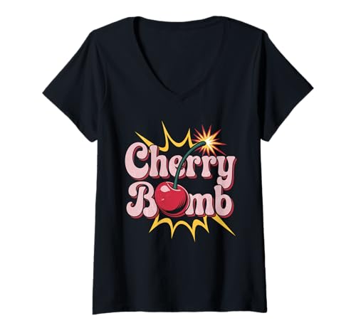 Damen Cherry Bomb TShirt Frauen Männer Kirschen Roller Derby T-Shirt mit V-Ausschnitt von Cherry Bomb TShirt Frauen Männer Kirschen