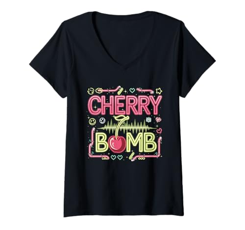 Damen Cherry Bomb TShirt Frauen Männer Kirschen Roller Derby T-Shirt mit V-Ausschnitt Damen Cherry Bomb TShirt Frauen Männer Kirschen Roller Derby T-Shirt mit V-Ausschnitt von Cherry Bomb TShirt Frauen Männer Kirschen